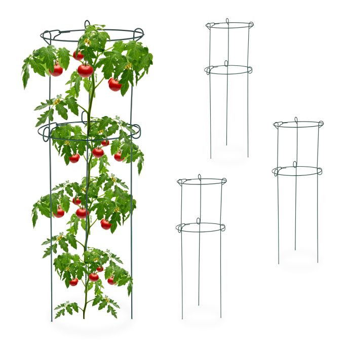 Relaxdays Plantensteun Set van 4, Rond, Donkergroen Staal, Rankhulp voor Klimplanten en Tomaten