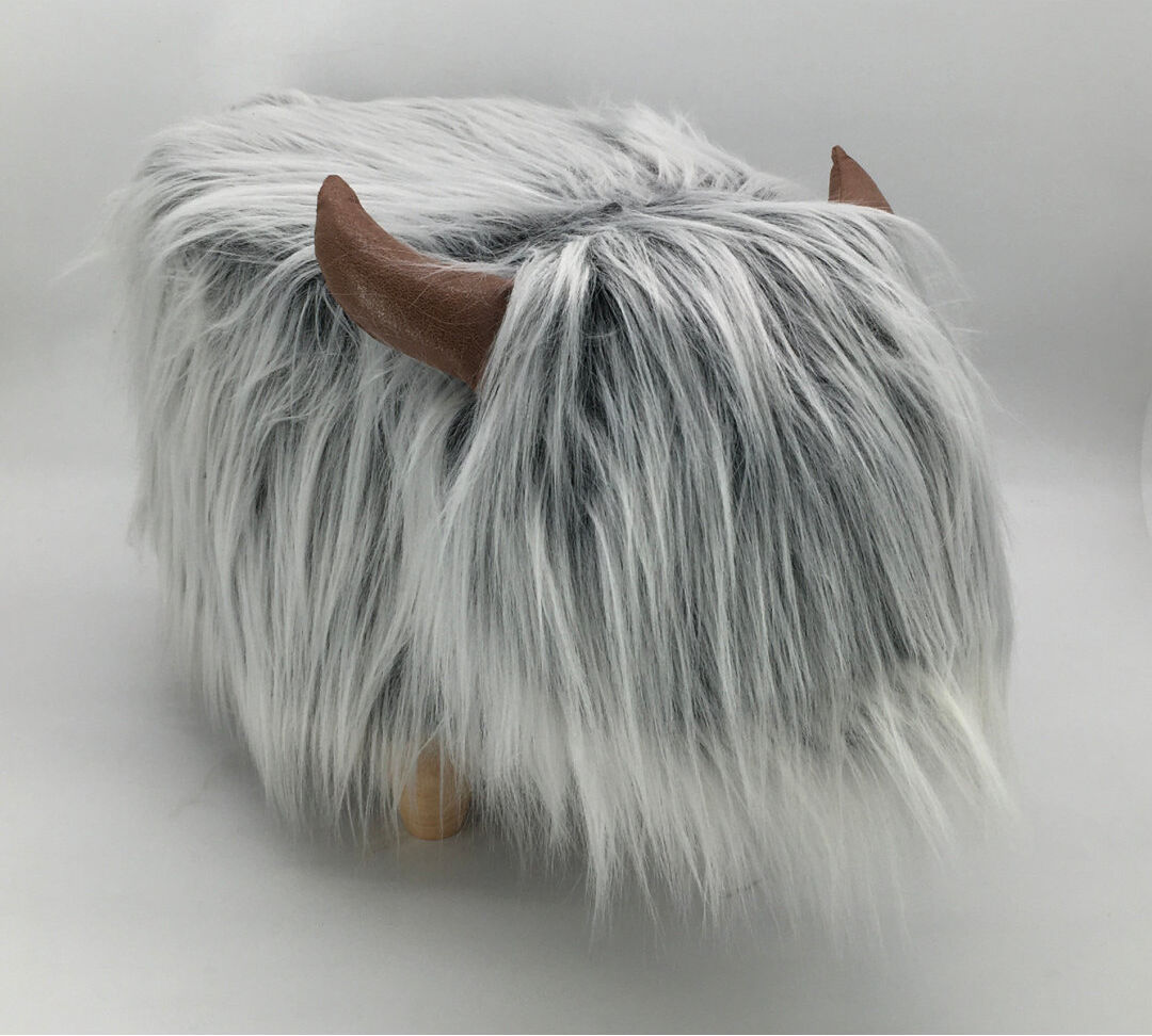 Gardeco Highland Cow synthetic fur footstool with wooden legs Grey Faux Fur 36cm H X 32cm W X 61cm D