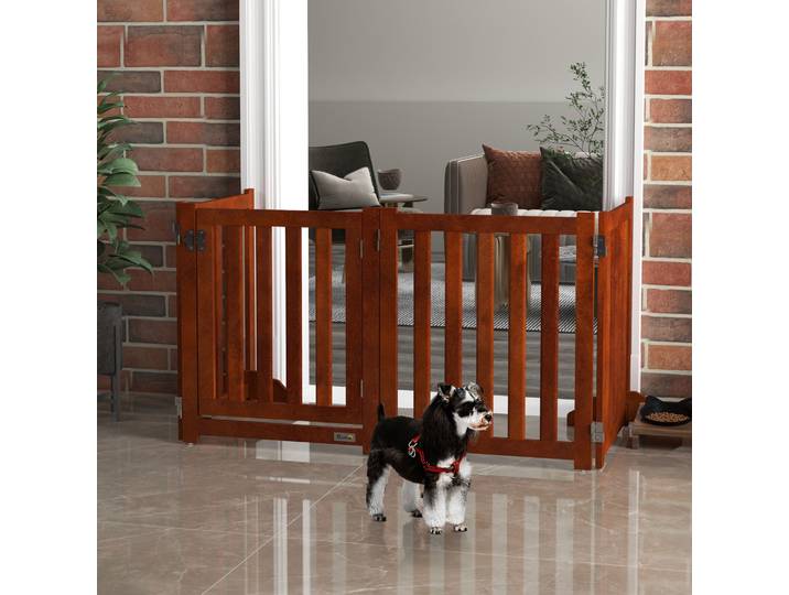 PawHut Barrière Chien Pliable Bois 4 Panneaux avec Porte 205x60cm