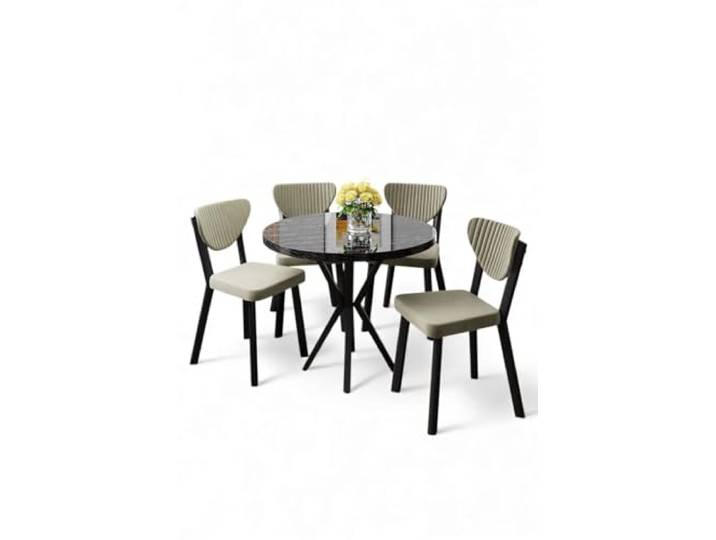 Hanah Home Modern 5-Piece Dining Table & Chairs Set, Black Marble & Cream, 100% Melamine Coated Chipboard, Metal Legs, Stylish Scandinavian Design