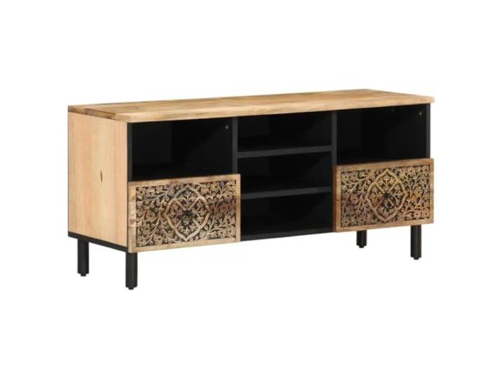 KGFHERENB TV-Schrank 100x33x46 cm Mango Massivholz Lowboard Handgeschnitztes Retro-Design aus naturbelassenem Holz fuer stilvolle Akzente im Wohnzimmer oder Loungebereich.