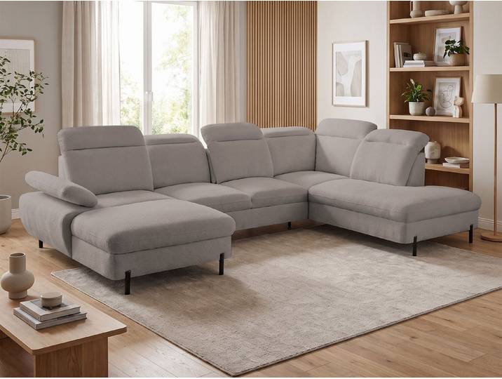 Beautysofa Ecksofa SORA U-Form mit Schlaffunktion & Bettkasten, freistehend, Schlafsofa mit verstellbarer Sitztiefe, Kopfstützen und Armlehne