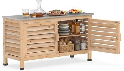 Costway Patio Storage Cabinet with Stainless Steel Countertop and L-Shaped Shelf for Garden-Natural
