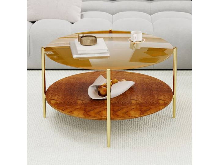 Table basse ronde moderne minimaliste plateau en verre doré et étagère inférieure en bois