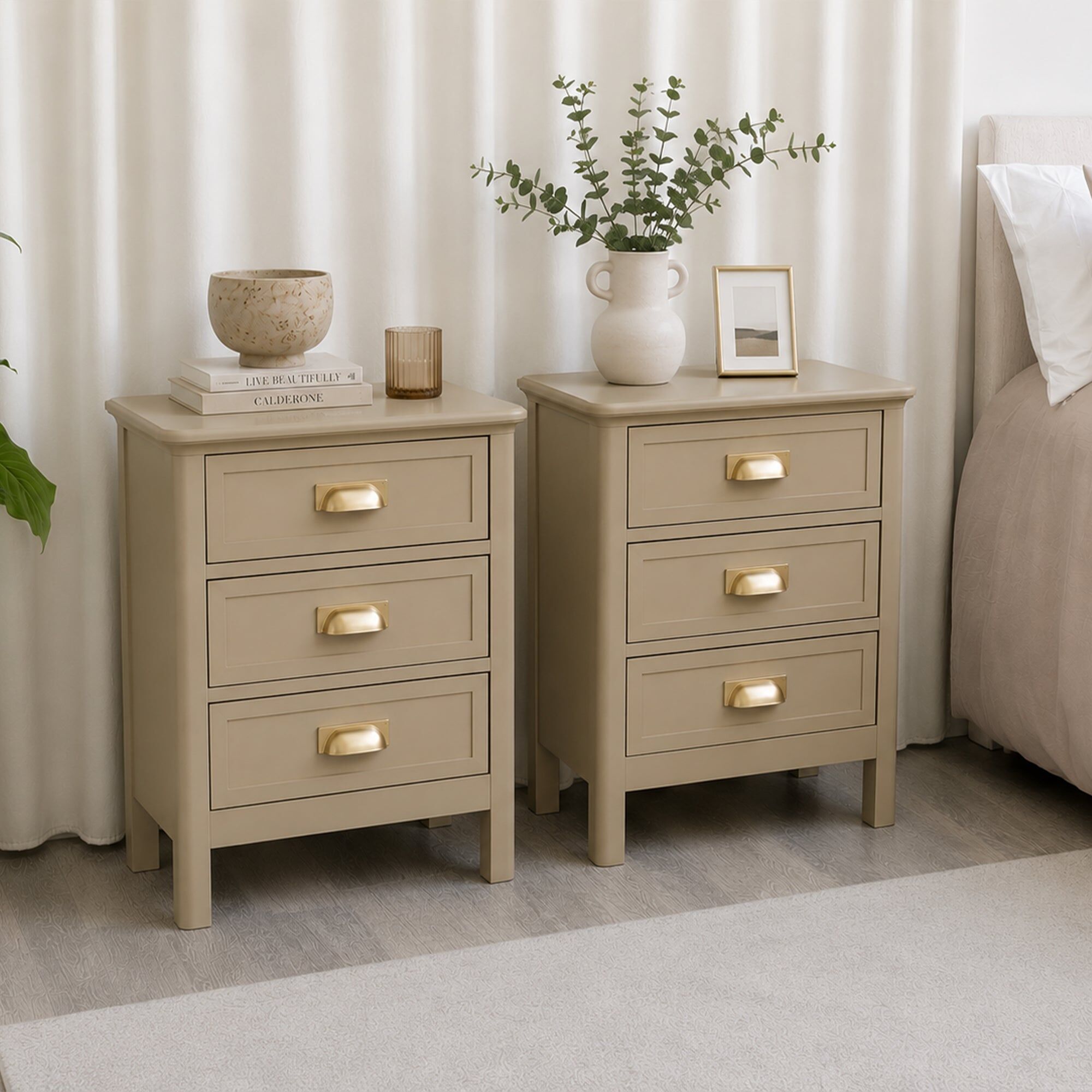 Pair of 3 Drawer Bedside Tables - Lawrence Taupe Range Wood, Metal
