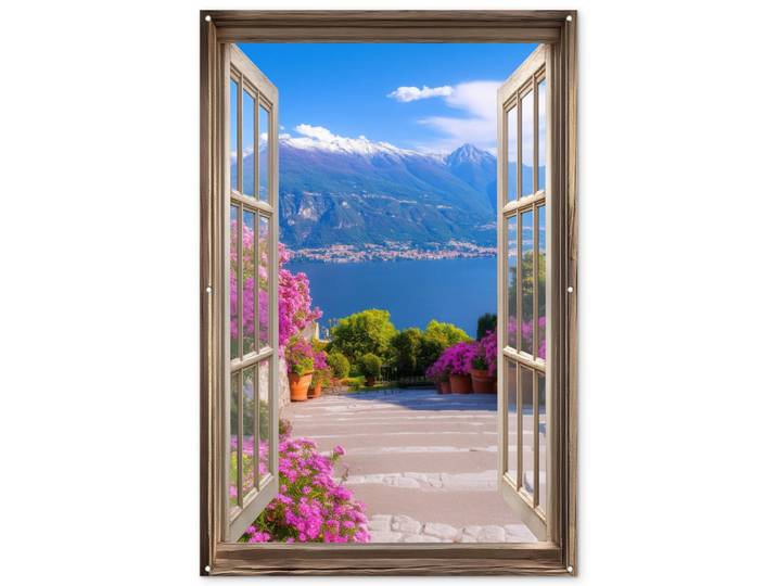OnlyWow Gartenposter Durchblick - Berg - Landschaft - Ausblicke - See Bild 120x180 cm, Blau, Kunststoff, Rechteckig, 120x180x0.2 cm, Bilder & Rahmen, Bilder, Sonstige Wandbilder