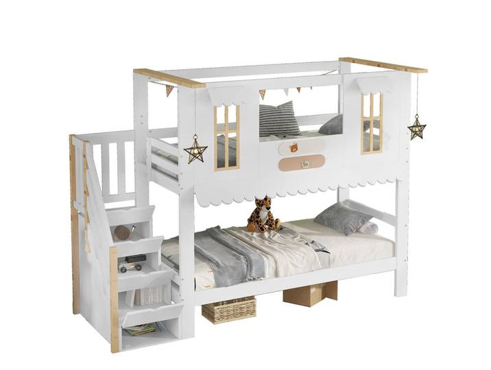 Chicfurn Etagenbett 90/200 cm & 90/200 cm in Weiß & Natur mit Aufbewahrungstreppe und Dachkante, Weiß, Naturfarben, Teilmassiv,Kiefer, Rechteckig, 90x200 cm, Babymöbel & Kindermöbel, Kinderzimmer & Jugendzimmer, Kinderbetten, Spielbetten