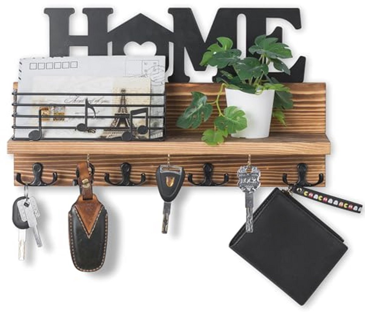 Houten Sleutelrek met Plank voor Wandmontage en Sleutelopslag