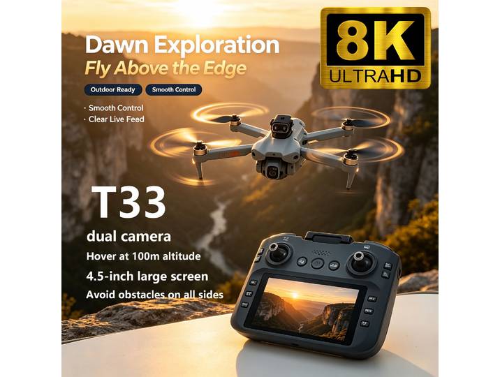Drone RC pliable T33 amélioré avec caméra double HD 8K, WIFI 5G, GPS, moteur brushless et évitement d'obstacles par flux optique