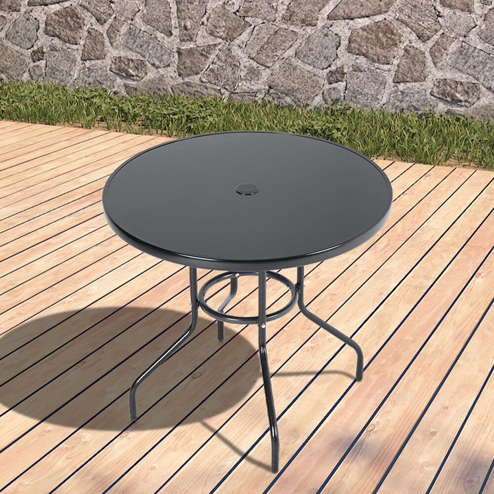 Dakota Fields Hegel Round Glass Outdoor with Umbrella Hole Bistro Table - 80 cm W 80 cm D Black