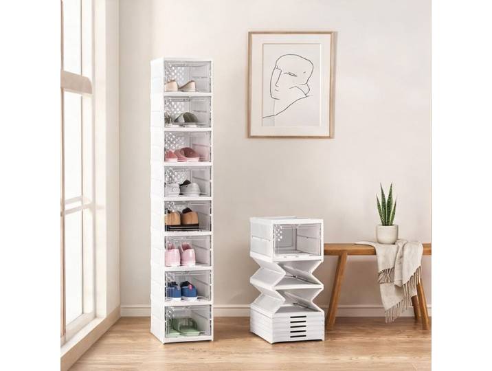 Boîtes à chaussures pliables en plastique blanc lot de 8 empilables avec couvercles transparents 26x35x140 cm