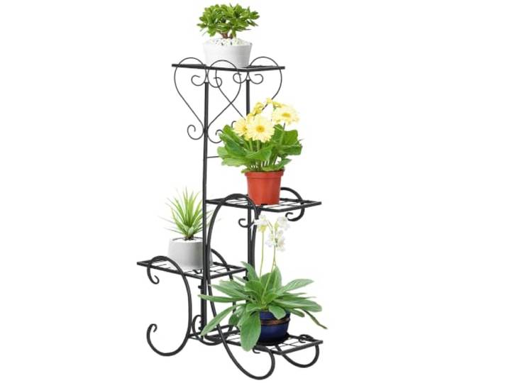 Outsunny Blumenständer 4 Ebenen Pflanzenregal Outdoor 45x24,5x80 cm Blumenregal aus Metall, Blumentreppe, Innen & Außen, Garten, Balkon, Schwarz
