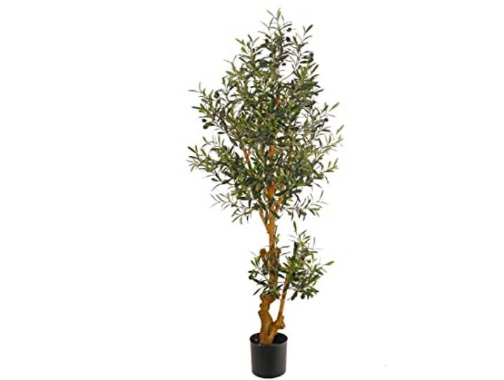 Hochwertiger künstlicher Olivenbaum 150cm im Topf mit ca. 1872 Textilblättern 42 Oliven und verzweigtem Stamm mit Zweigen aus Echtholz