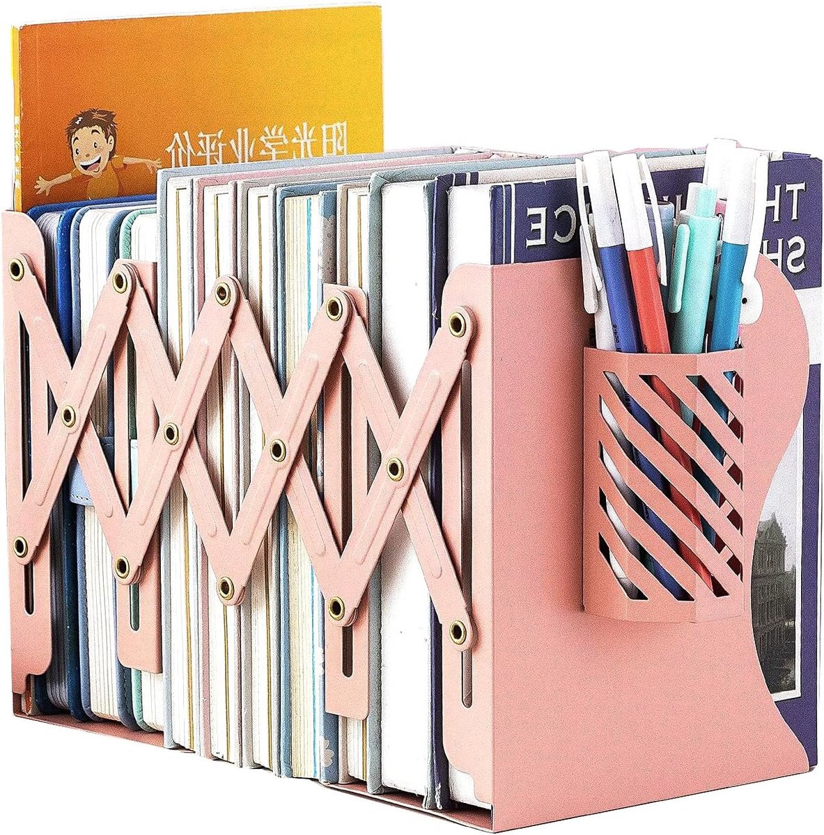 Verstelbare metalen boekensteunen in het roze voor het organiseren van je boeken en boekenkast