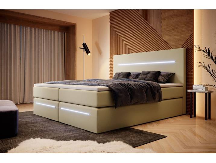 OUTLET - Boxspringbett Sejour mit LED u. Stauraum - 140x200 - Beige - H3 (70-100kg) - Luxusbetten24