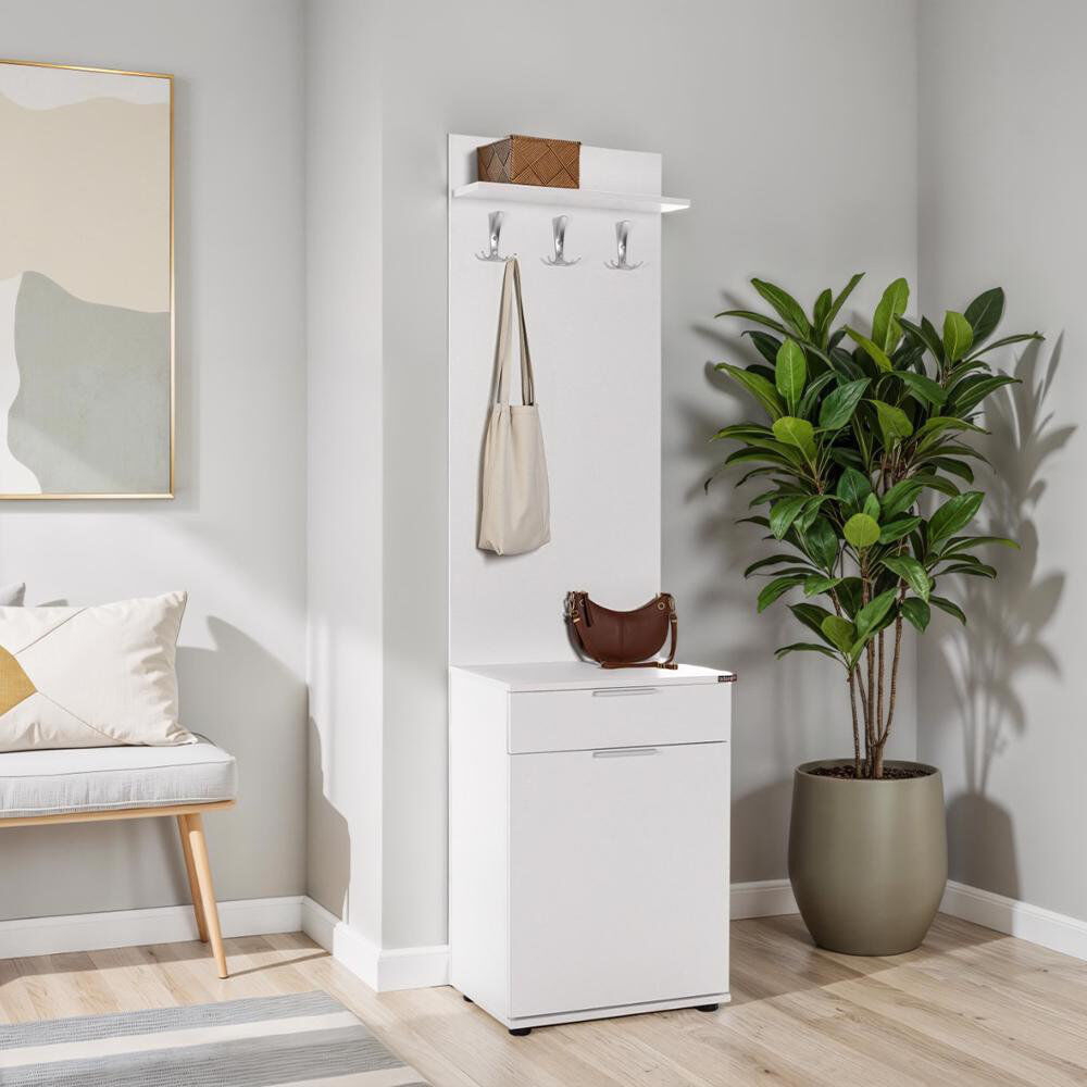 Brayden Studio White Hall Stand with Drawer, Hooks & Shoe Cupboard - Entryway Organiser White 9