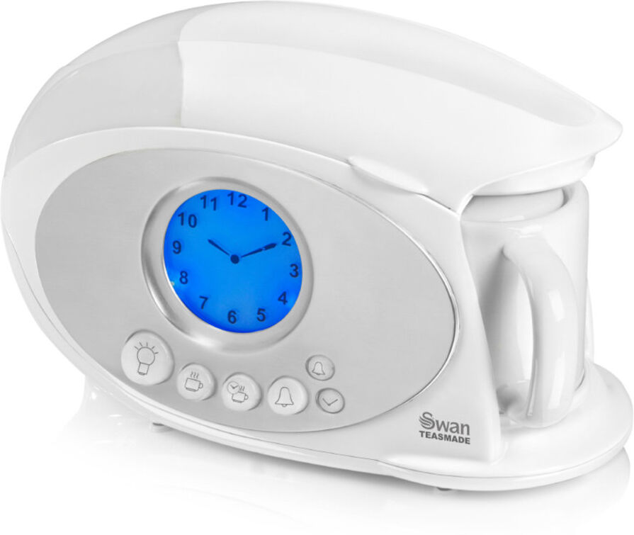 Swan STM200N Teasmade with LCD Analogue Clock Light, Rapid Boil and Alarm, 600ml, 850W, White White 23cm H X 34cm W X 19cm D