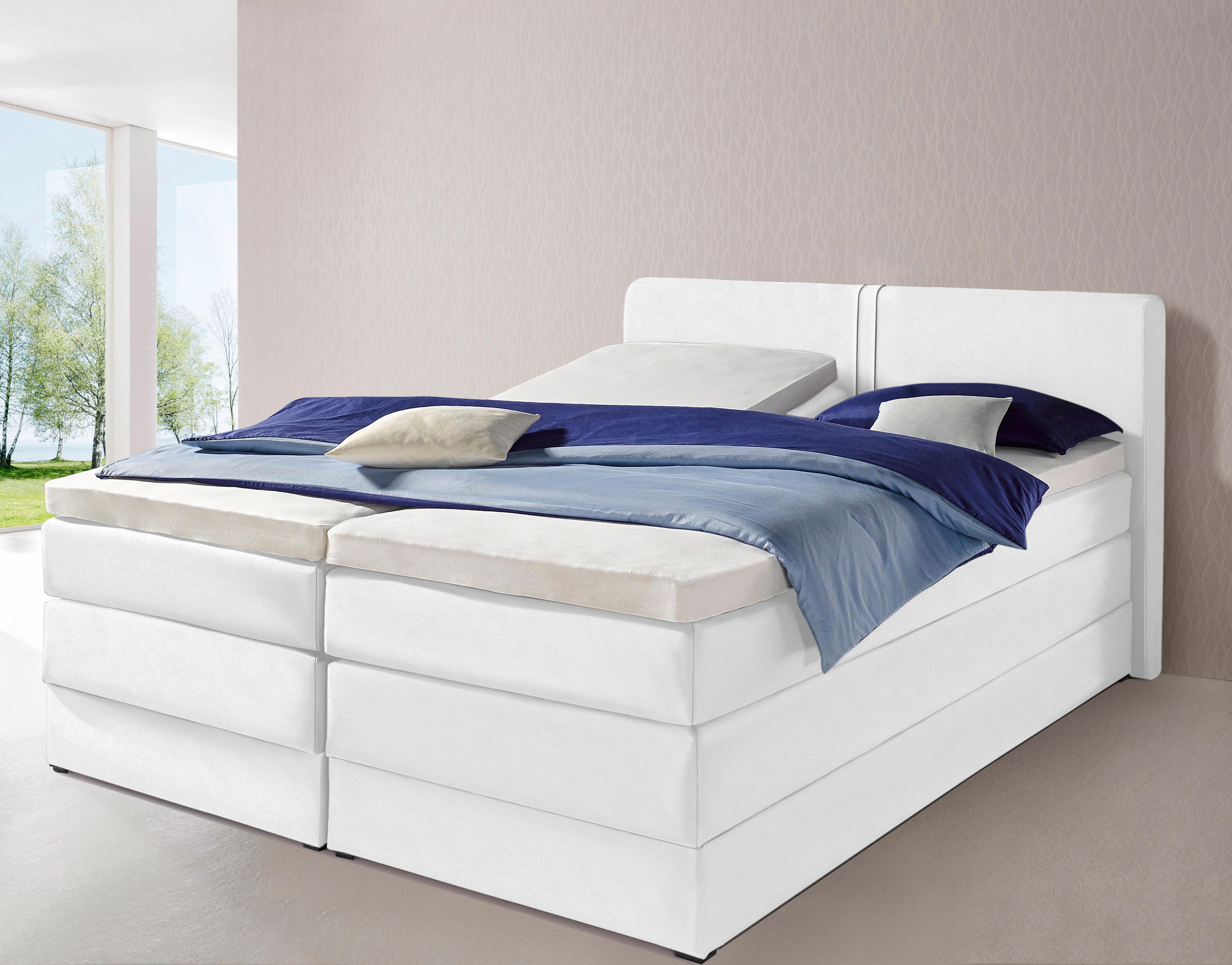 Boxspringbett HAPO, weiss (weiß, kunstleder), Liegefläche B/L: 200cm x 200cm, kein Härtegrad, Bonnell-Federkernmatratze, Kopfteil, seitliche Unterbox und Obermatratze sind mit pflegeleichtem Feinstrukturstoff in Leinenoptik (100% Polyester) oder Kunstlede