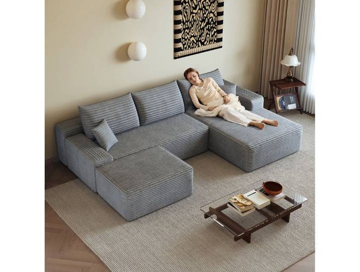 Canapé Compressé Canapé D'angle 270 Cm Modulaire En Tissu Gris
