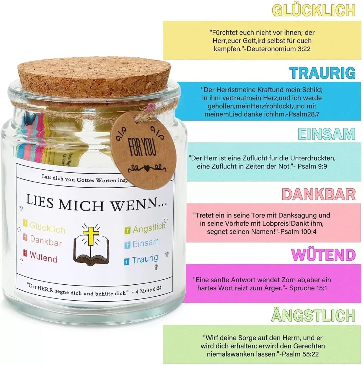 INF Bibelverse im Glas Geschenkbox mit rosa Band – Glas-Gebetsglas mit 90 Mini-Schriftkarten, bunt