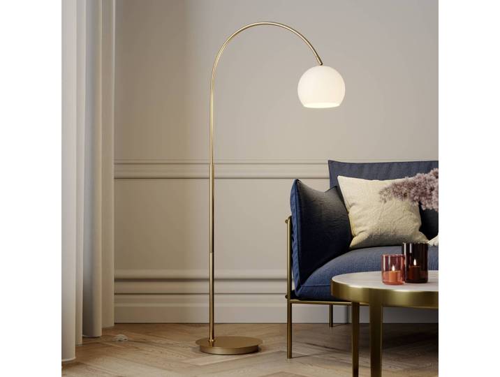 Bogenlampe Cynthia Lindby, messing / gold, für Wohn- / Esszimmer, Glas, Modern, Stehlampe
