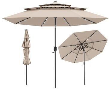 Costway 10 Feet Solar Patio Umbrella with 32 LED Lights 3-Tier Vented Top-Beige