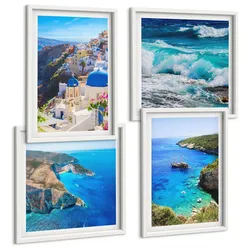 BILDER SET 4er Set - 50x50 cm & 40x60 cm Weißer Rahmen - Griechische Ansichten von Santorin Oia