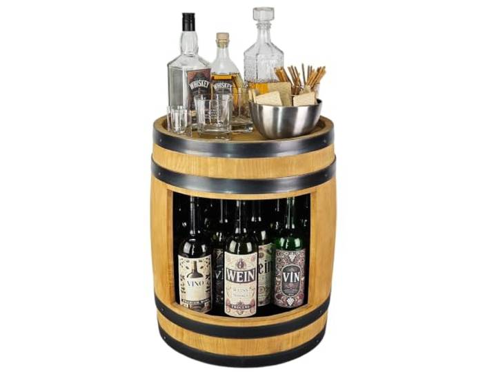kadamahu Holzfass für die Hausbar, 18 Weinflaschen, Hellbraun, 49x39 cm Barmöbel aus massiver Erle in heller Eiche-Optik, fertig montiert; für Whisky, Rum und Barzubehör, mit Nutzfläche