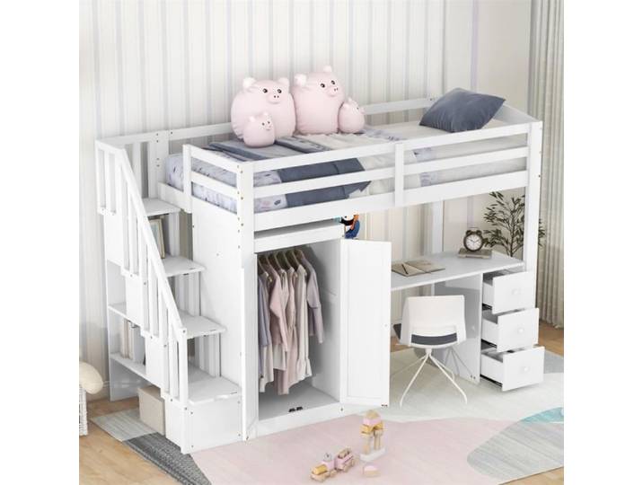 Lit Mezzanine DRIPEX 90x200 avec penderie et escaliers de rangement bureau et tiroirs blanc