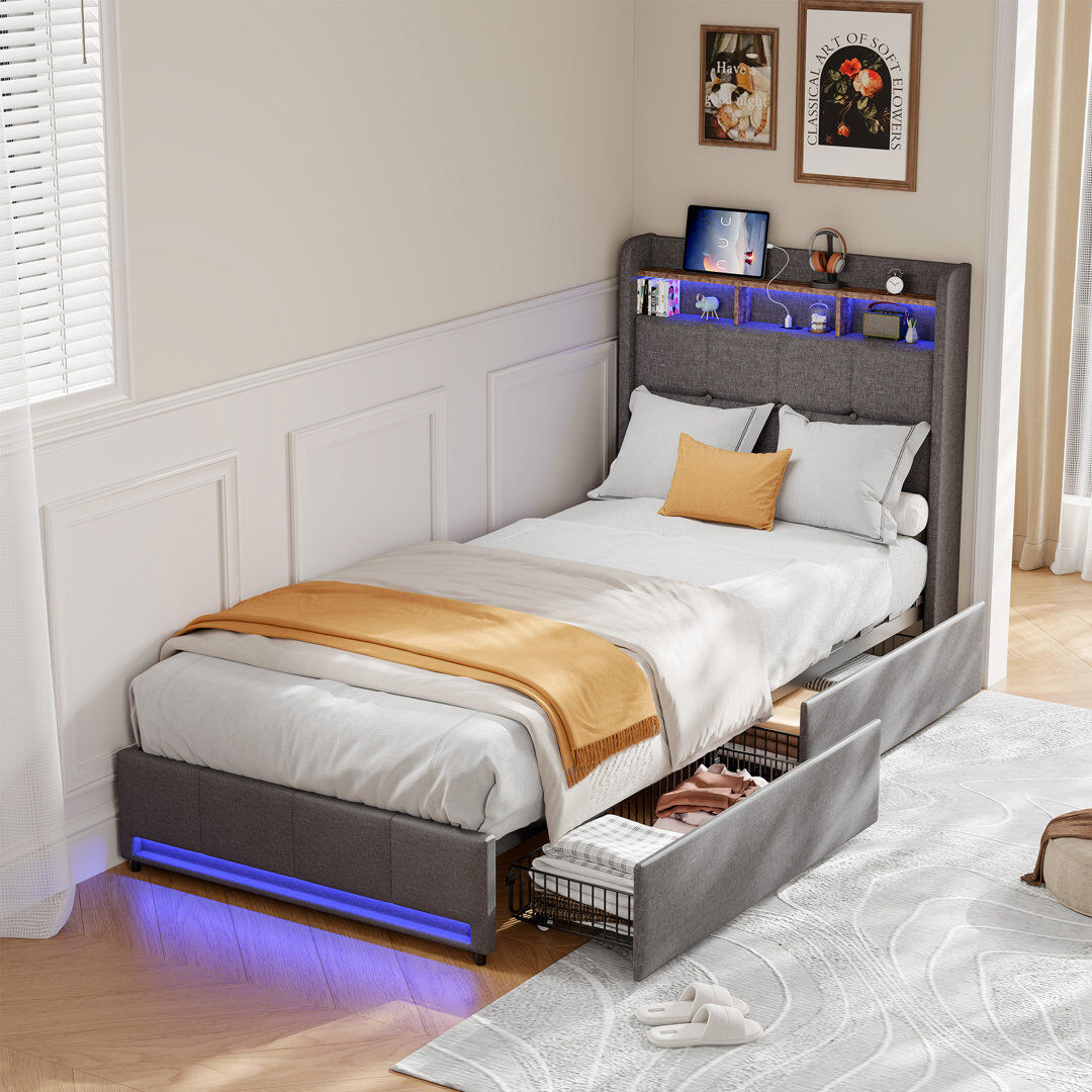 Ivy Bronx Rishi Upholstered Storage Bed with Drawers Grey Super King (6')
