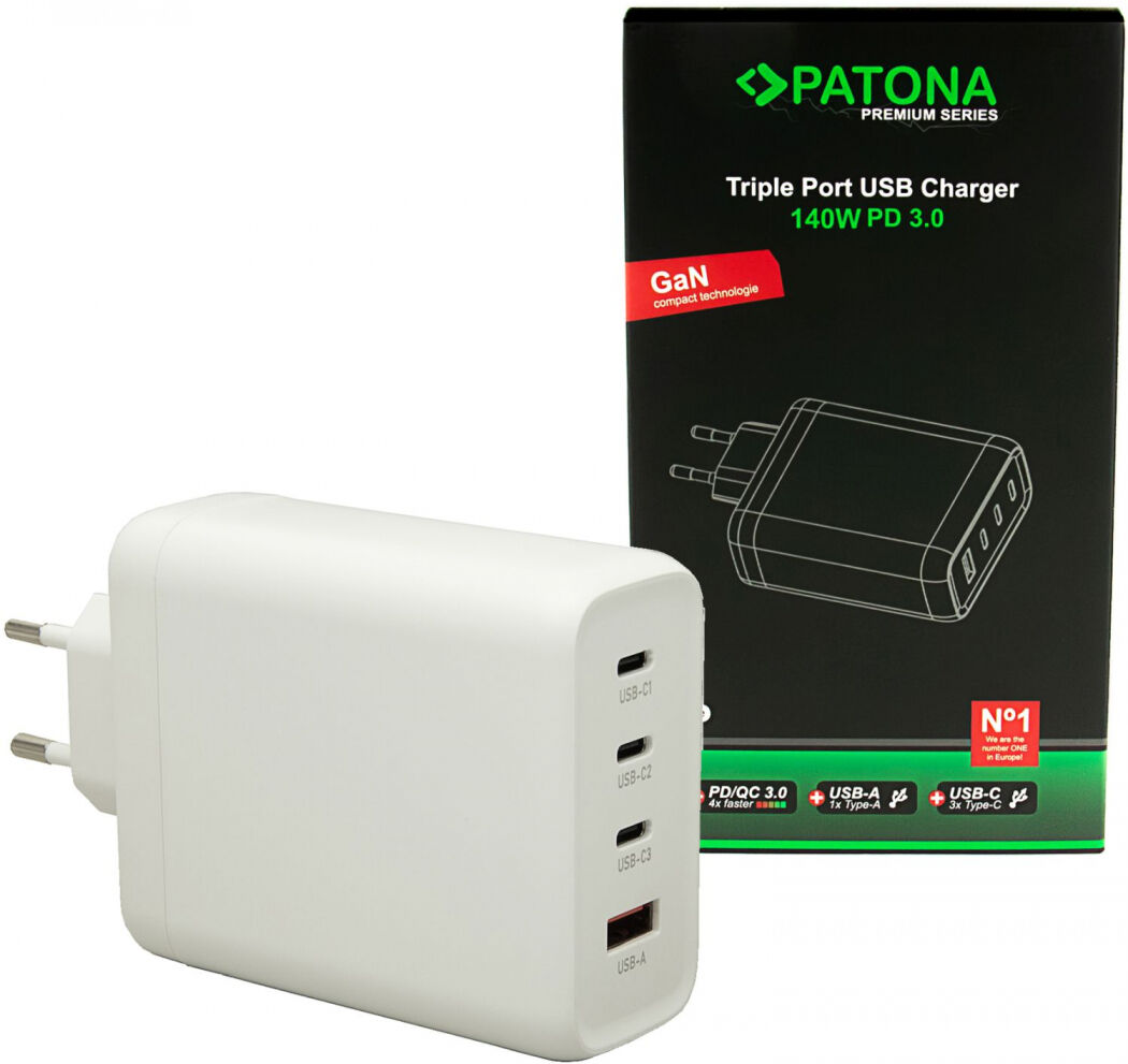 Patona Premium GaN PD140W Adaptateur 3xUSB-C 1xA blanc