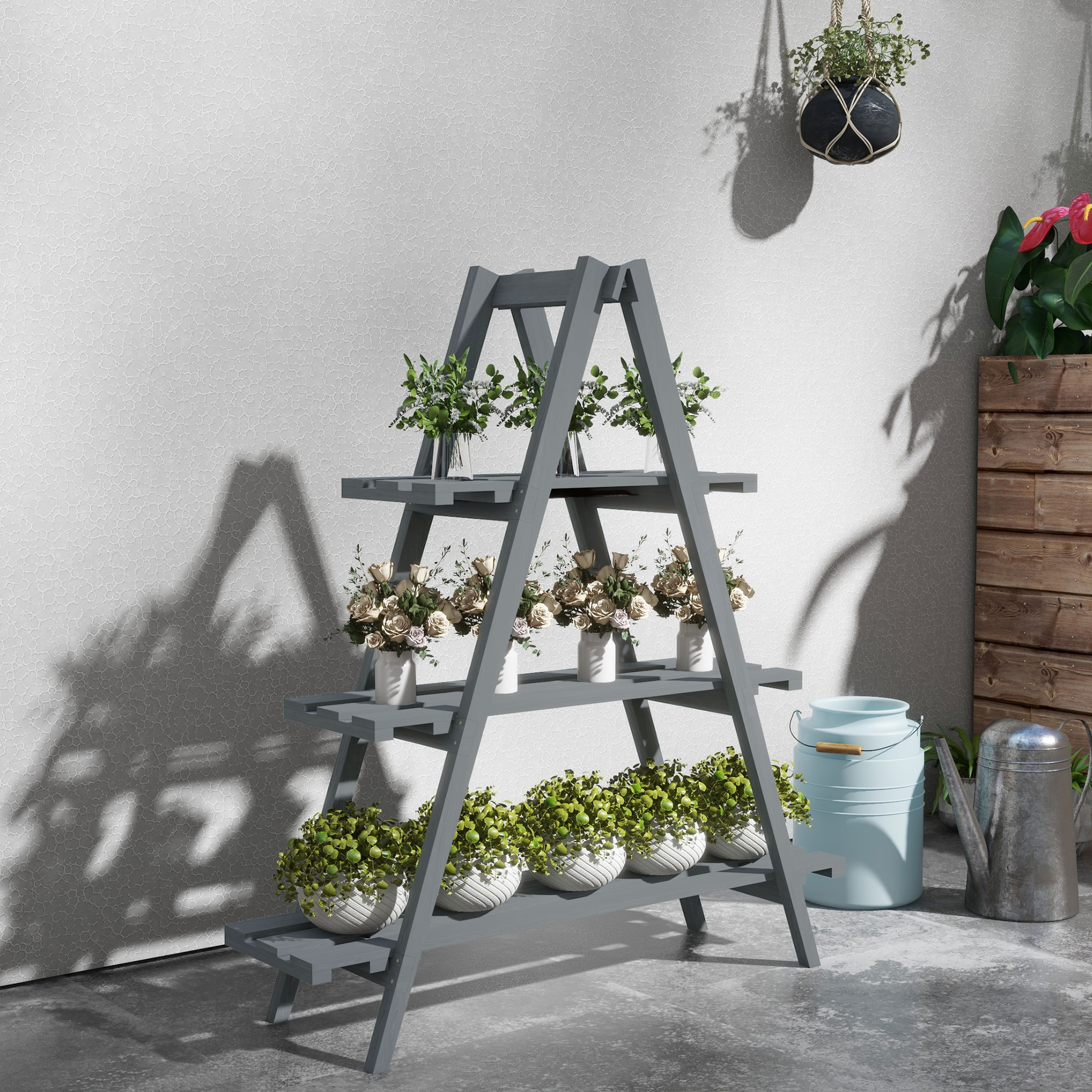 Outsunny Portapiante Verticale 3 Livelli a Doghe, in Legno di Abete, 100x36x112 cm, Grigio Aosom