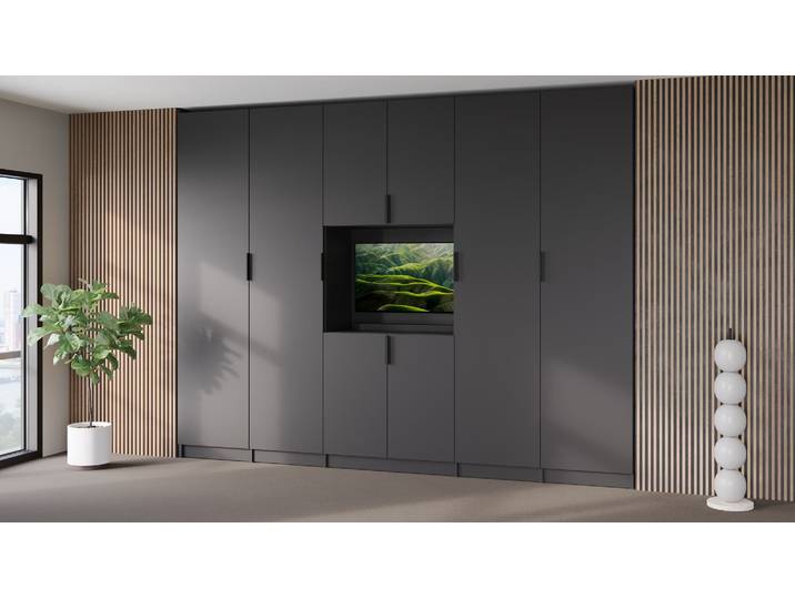 Armoire intégrée dans une niche avec espace TV Mélaminé premium Noir