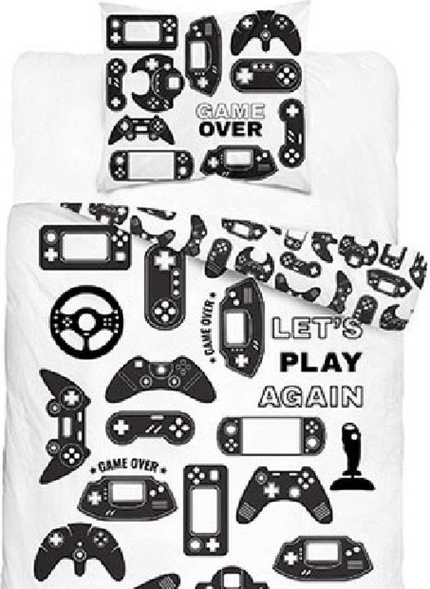 Dekbedovertrek Game over - Katoen - Zwart/Wit - 140 x 200 cm - Eenpersoons