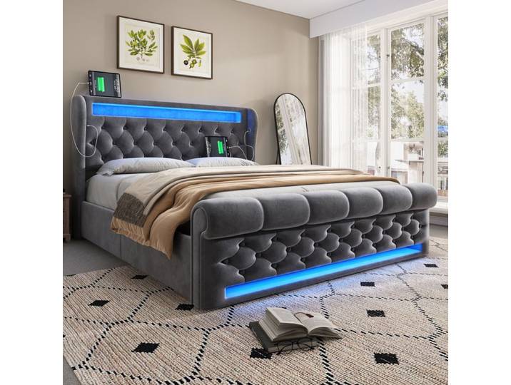 Lit Coffre140x200 cm Hydraulique Velours avec Matelas Inclus - Tête et Pied Diamantés - LED 60 000 Couleurs - Prises USB/Type-C