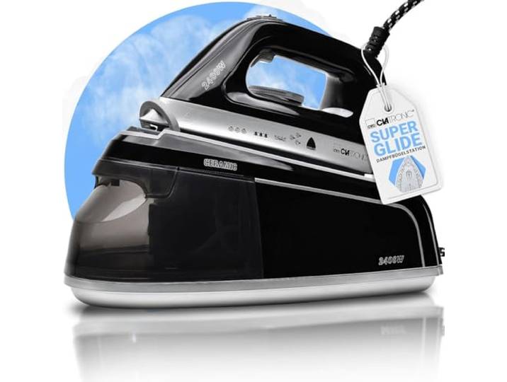 Clatronic Centrale vapeur avec fer à repasser 3\,5 bar Fer à repasser avec semelle Superglide & réservoir d'eau 1\,2L 80 min. d'autonomie 2400W Fer vapeur avec système anti-goutte DBS 3749