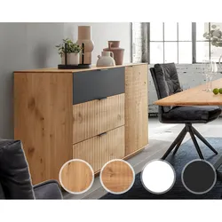 Massivholz »Lugano« Sideboard I mit Holzsockel Hobelschlag Front / obere Schublade in Anthrazitglas