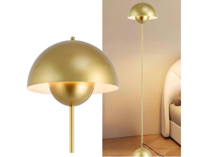 Lampadaire classique doré au design nordique avec abat-jour parabolique et culot\, douille E27 pour salon\, salle à manger\, chambre à coucher