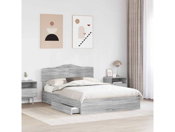 KTHLBRH Boxspringbett mit Kopfteil Grau Sonoma 140 x 200 cm Technisches Holz, ausziehbare Schubladen, einfache Montage, modernes Design