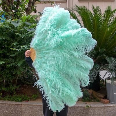 Inspire Select Luxury Ostrich Feather Fan Large Folding Dance Fan For Stage, Carnival & Performance mint Green 51.18 In 2 Pcs