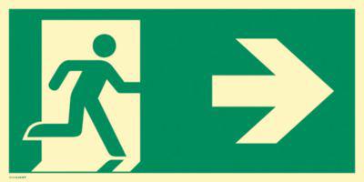 moedel Fluchtwegschild „Notausgang rechts Pfeil rechts“, nach ISO 7010 E002, Kunststoff selbstklebend, langnachleuchtend, B 400 x H 200 mm