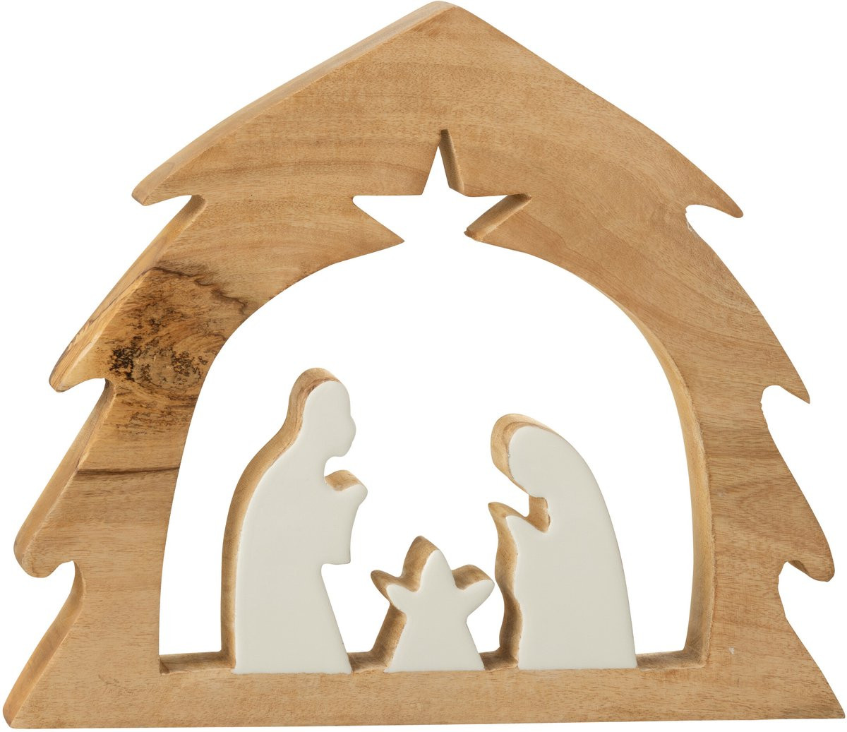 J-Line Kerststal Boom decoratie - hout - wit/naturel - groot