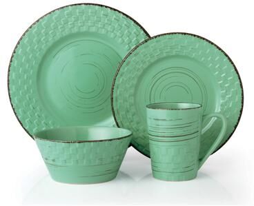 Lorren Home Trends 16 Piece Distressed Weave Dinnerware Set-Green