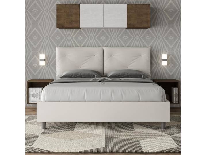 Lit double Appia - Blanc - 160x210 cm - Tête de lit rembourrée - Sommier inclus - Conteneur de rangement