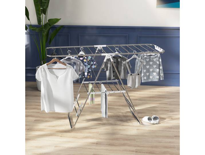 HOMCOM Séchoir Pliable 2 Niveaux Ajustables Métal Blanc