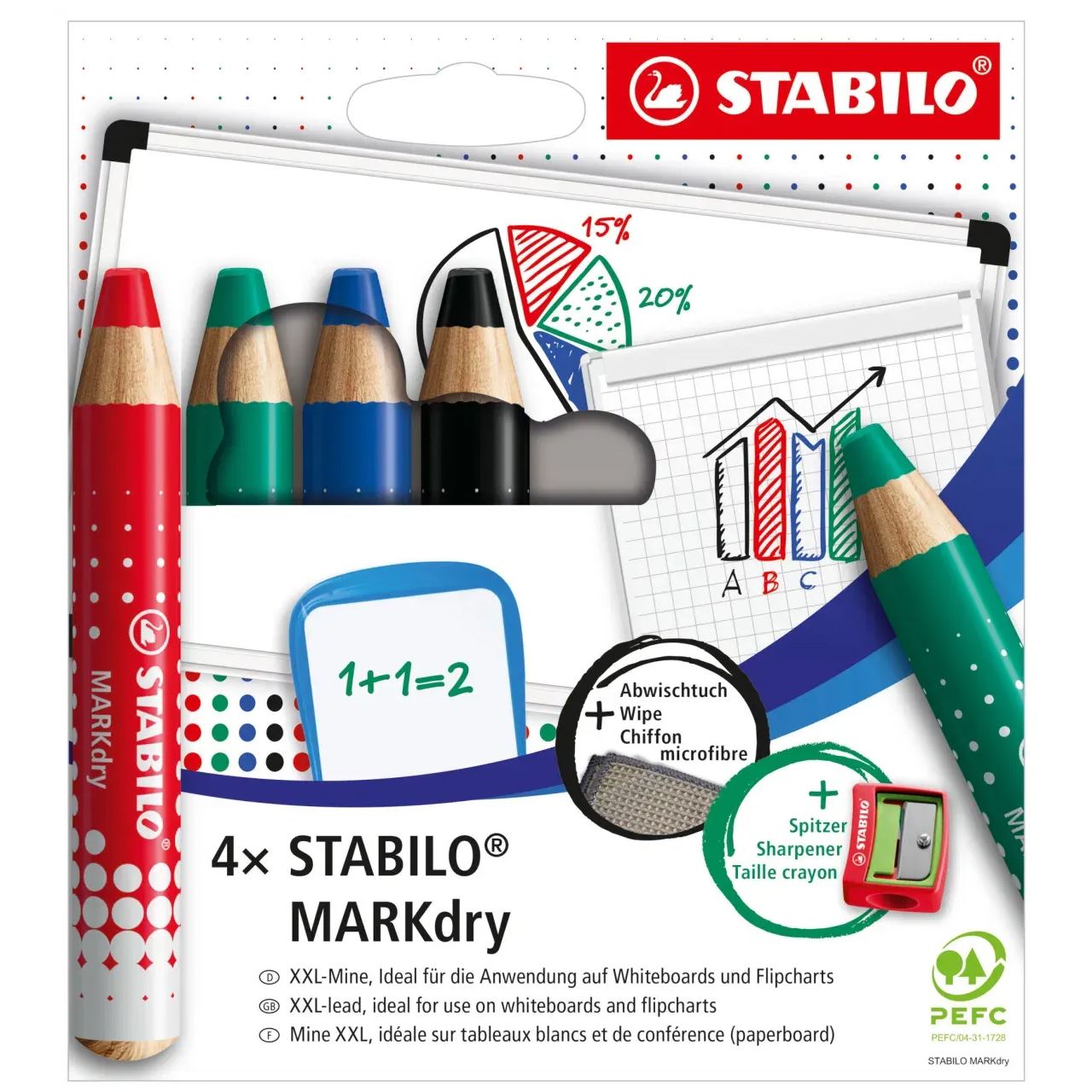 STABILO MARKdry Whiteboard- und Flipchart-Marker farbsortiert 1,0 - 10,0 mm, 4 St.
