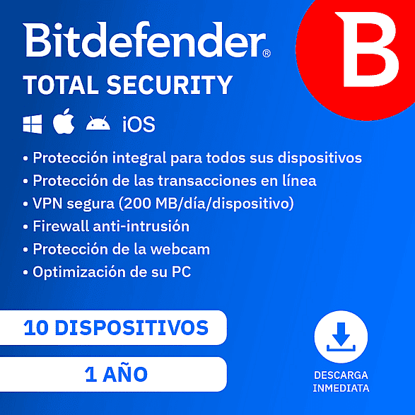 Antivirus - Bitdefender Total Security, 10 dispositivos, 1 año (Código de descarga)