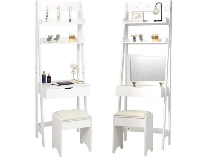 GIANTEX Coiffeuse avec Tabouret Table de Maquillage avec Miroir Rabattable Crochet et 6 Compartiments de Rangement Blanc