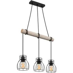Pendelleuchte Vintage Hängelampe Holz Esstischlampe Retro Hängeleuchte mit Holzbalken, Metall schwarz, 3 x E27 Fassung, LxBxH 50x14x140 cm