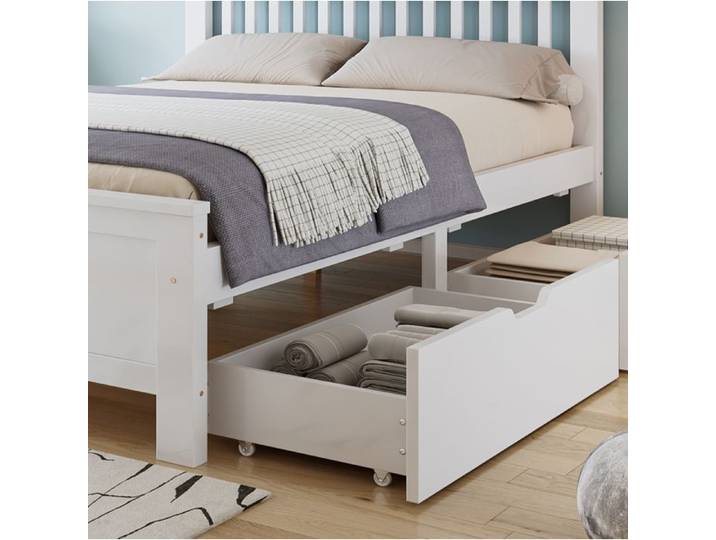 WOVREO Lit double 140x200 cm avec 2 tiroirs de rangement pin massif et MDF blanc